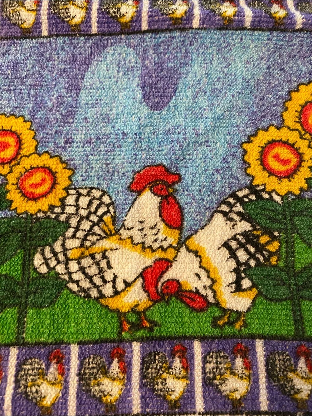 Vintage 1990s Teka Colorful Rooster Chicken Sunflower Kitchen Hand Towel